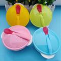 SUCTION BASED BABY FEEDING BOWL WITH LID AND TEMPERATURE SENSING SPOON - Baby Children Training Bowl With Temperature Spoon Durable Cutlery Set. 