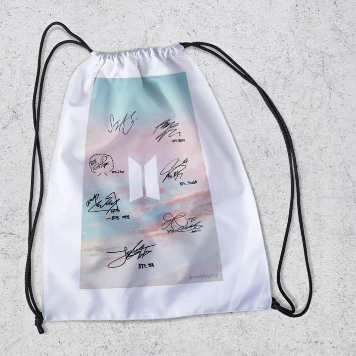 BTS Logo And Signature Academy Bag Drawstring BagFor BTS