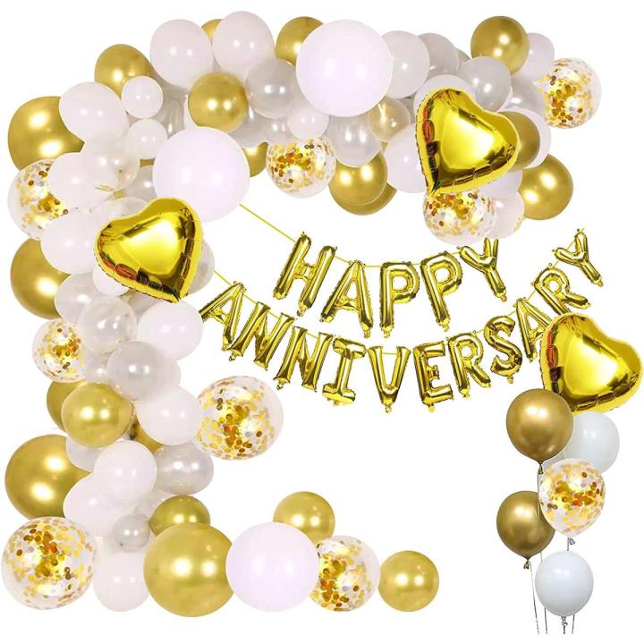 White and Golden Happy Anniversary Decorations for Home Kit with Foil Balloon, Metallic Balloons, Heart Foil Combo 30Pcs for 1st, 25th,50th Wedding Party Decoration, Mom DAD