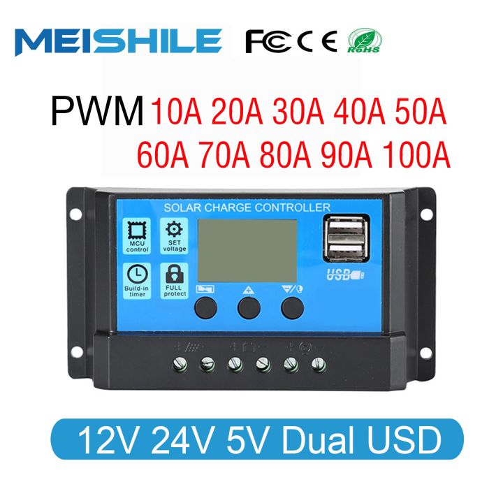 100A/80A/60A/50A/40A/30A/20A/10A Solar Charger Controller 12V 24V Auto PWM Controllers LCD Display 5V Dual USB Output Controller