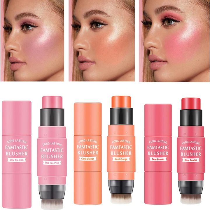 3 Pcs Waterproof Blush Stick with Brush 2in1 Multi Cream Blush for