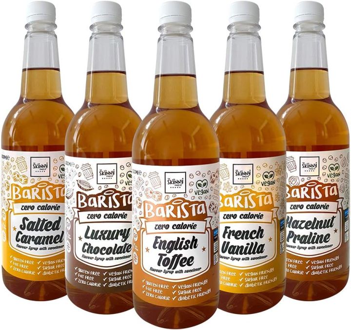 The Skinny Food Co. BARISTA Low calorie, fat free, gluten free, vegan, sugar free Syrup 1 Ltr(SALTED CARAMEL, HAZALNUT, ENGLISH TOFFEE)