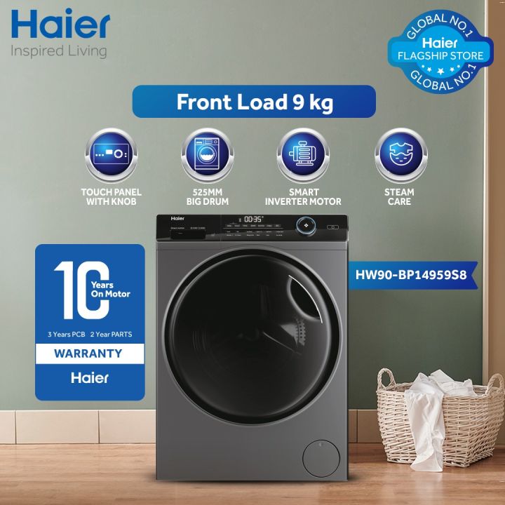 Haier  - 9kg - Front Loading Washing Machine - HW90-BP14959S8  ( Dual Spray / Smart Motor / Antibacterial Gasket / Heating Wash) 10 Years Haier Warranty.