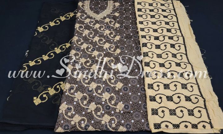 Design-1 Brown Ajrak Embroidered 3 piece Unstitched Dress