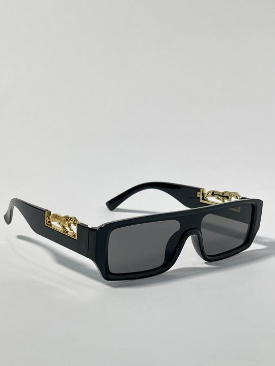Trendy  Black Rectangle Sunglasses for Men & Women -  Gold Panther Design + FREE 35ML Perfume Tester | TikToker Glasses
