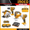 Ingco 20V Lithium-Ion Cordless 4-Pc. Combo Kit (Cordless Drill, Impact Driver, Circular Saw & Jig Saw) With 2pc battery, Charger & Bag. 