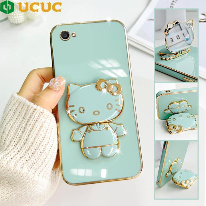 UCUC for Vivo V5 Plus / X9 / X9S / 1611 Back Cover Cute kitty Mirror Multifunction Folding Bracket Luxury 6D Plating Case Soft Silicone Square Phone Cases for Boys for Girls