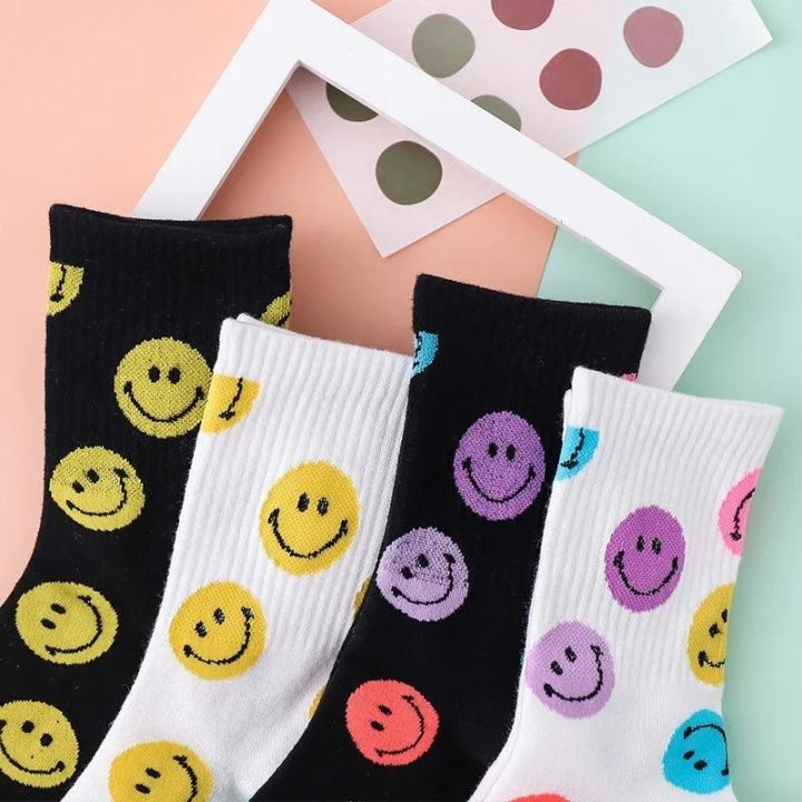 Cute Smiling Face Printed Socks Women Kawaii Harajuku Funny Cotton Sox Unisex Happy Casual Streetwear Floor Calcetines Mujer