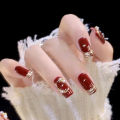 Red gold-rimmed pearls embellished autumn and winter white girl nail art student wear nail factory wear nail wholesale. 