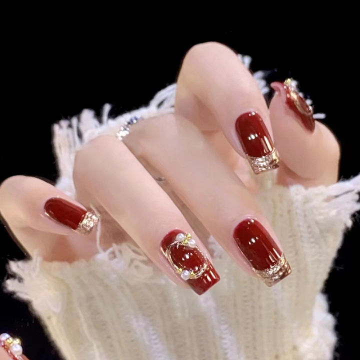 Red gold-rimmed pearls embellished autumn and winter white girl nail art student wear nail factory wear nail wholesale