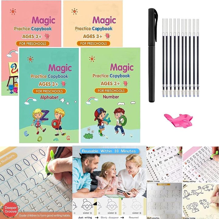 Pack Of 4 Sank Magic Practice Copybook (4 BOOKS + 1 PEN + 10 REFILL) | Learning Workbook for Coloring, Drawing & Sketching