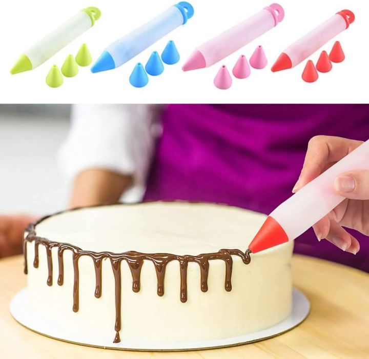 Techmanistan 5 Piece's Silicon Writing Pen Cake Decor Tool, Cake Decorating Pen, Chocolate Writing Pen with 4 Patterns of Icing Piping Pen Tips