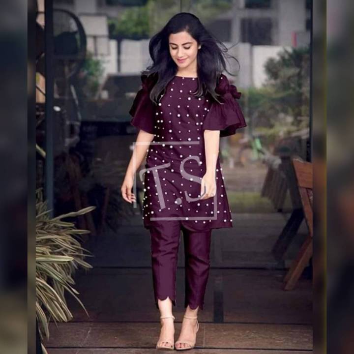 Women Stylish Pearl Beads Kurti Pajama Suit