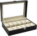 12 Slot Leather Watch Box Display Case Organizer with Framed Glass Lid Elegant Contrast and Removable Pillow for Men and Women Watch and Jewelry Large Holder Boxes. 
