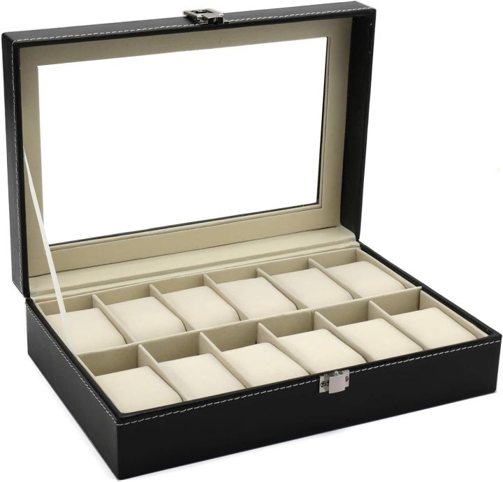 12%20Slot%20Leather%20Watch%20Box%20Display%20Case%20Organizer%20with%20Framed%20Glass%20Lid%20Elegant%20Contrast%20and%20Removable%20Pillow%20for%20Men%20and%20Women%20Watch%20and%20Jewelry%20Large%20Holder%20Boxes%20-%20Image%202