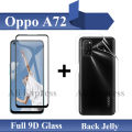 Oppo A72 Full Black 9D Tempered Glass Edge to Edge Full Glue Screen Protector + Back Jelly Protector Clear Soft Film Protector Hydrogel Film Protector For A72. 