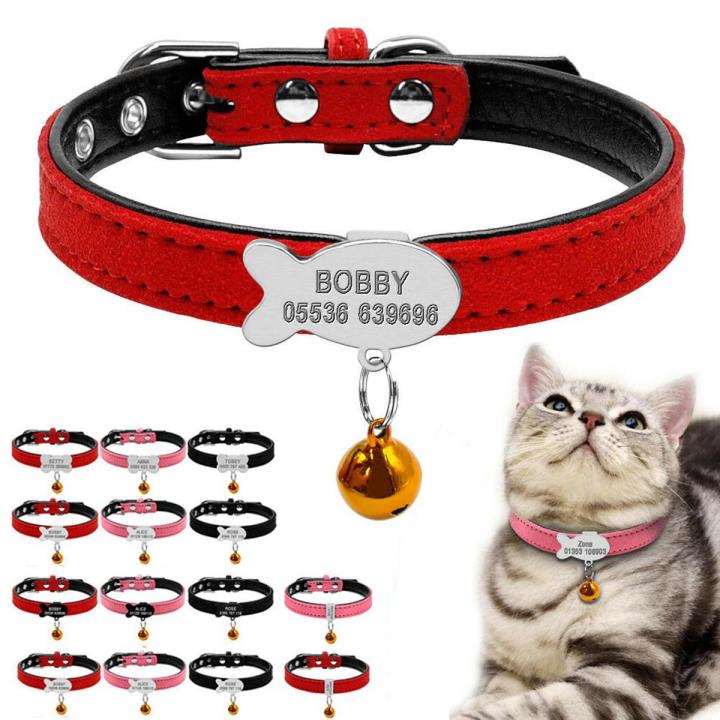 Custom Personalized Cat Small Dog Collar with Name Print Soft Suede Leather Fish/Bone/Suqare ID Tag Free Engraving Gold Bell