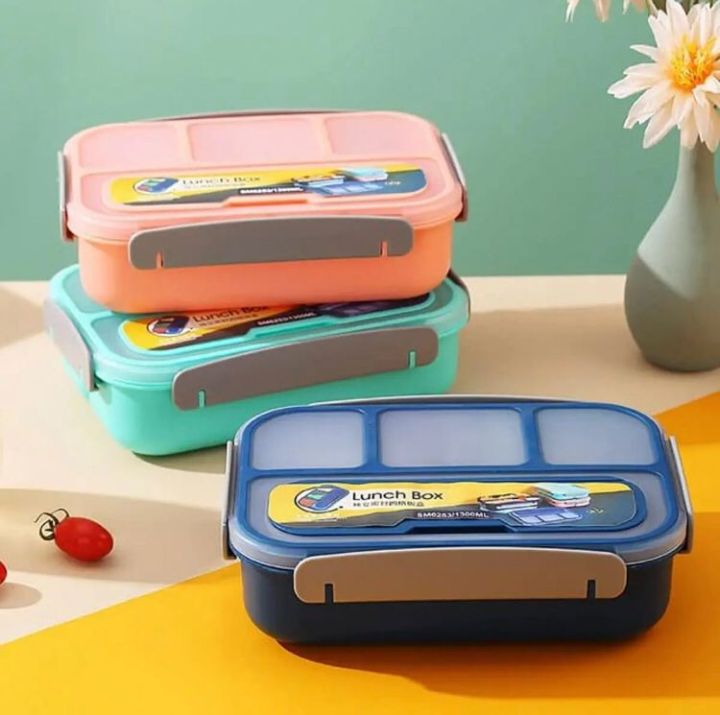 4 Compartments Bento Box With Fork, Kids Lunch Box with Accessories, Lunch Box, Kids School Tiffin Box