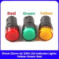 3 Pack 22mm LED Indicator Lights AC 220V | Red, Green, Yellow Signal Lamp | High-Quality Panel Mount. 