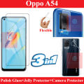 Oppo A54 Glass Protector Polish Screen Tempered + Back Protector Clear Jelly Glossy Protector + Camera Glass Protector Fiber Glass For Oppo A54. 