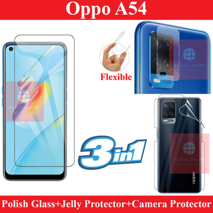Oppo A54 Glass Protector Polish Screen Tempered + Back Protector Clear Jelly Glossy Protector + Camera Glass Protector Fiber Glass For Oppo A54