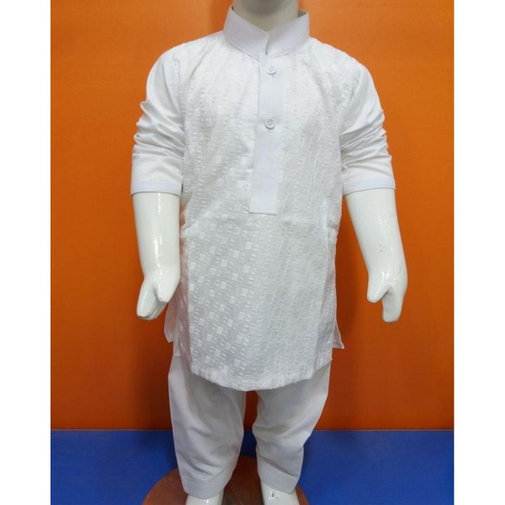 Indian Checkin White Cotton Kurta Shalwar For Boys