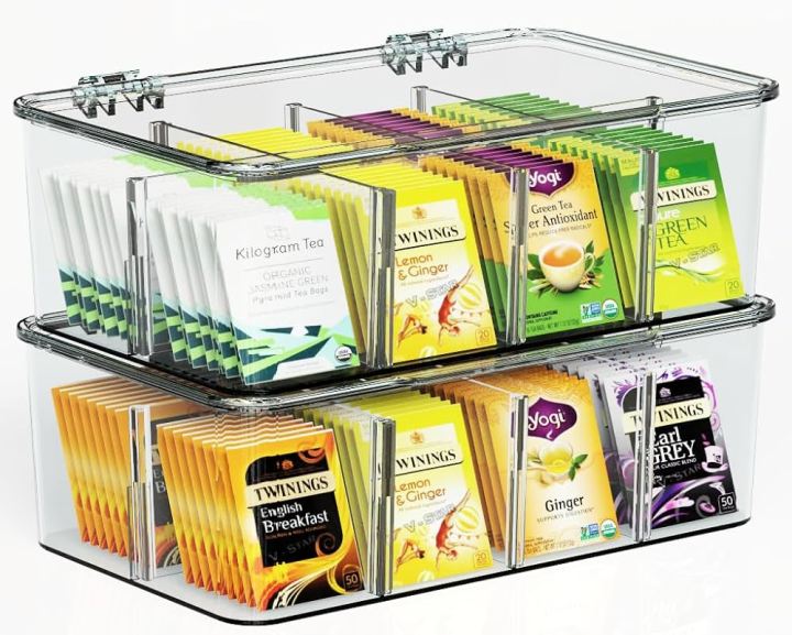 Plastic Acrylic Tea Bag Holder (Pack of 2) Plastic Tea Box Organizer With Lid - 8 Compartments Tea Organizer for Kitchen Countertops, Cabinets, Pantry (Clear)