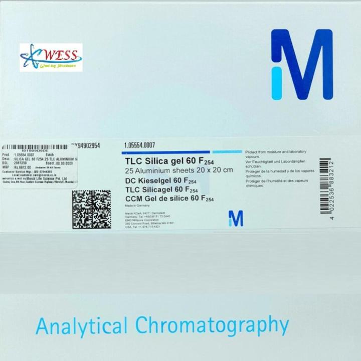 Aluminum TLC plate, silica gel coated with flourescent indicator F254. The silica gel TLC plates come in a quantity of 25 size 20x20 cm for thin layer chromatography applications.