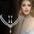 Elegant Simulated-pearl Bridal Jewelry Sets Rhinestone Pearl Necklace+Earrings Layor. 