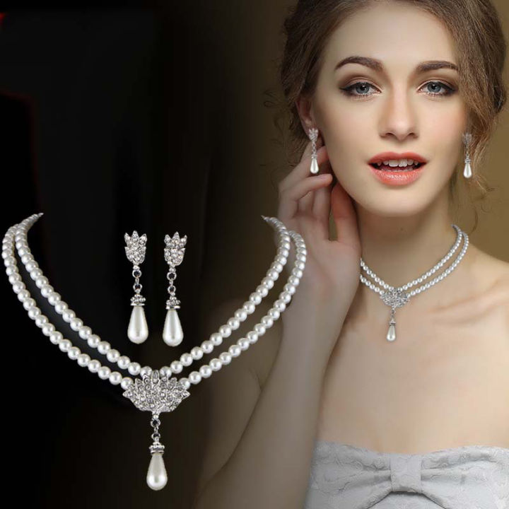 Elegant Simulated-pearl Bridal Jewelry Sets Rhinestone Pearl Necklace+Earrings Layor