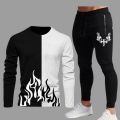 TRACKSUIT - New Trendy Black & White Fire Printed Tracksuit For Men- T-shirt & Trouser Printed Tracksuit. 