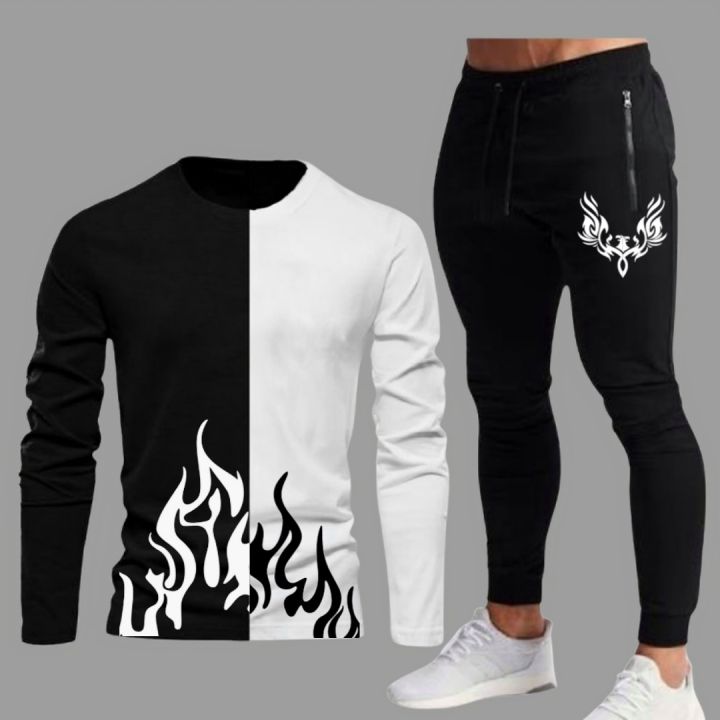 TRACKSUIT - New Trendy Black & White Fire Printed Tracksuit For Men- T-shirt & Trouser Printed Tracksuit