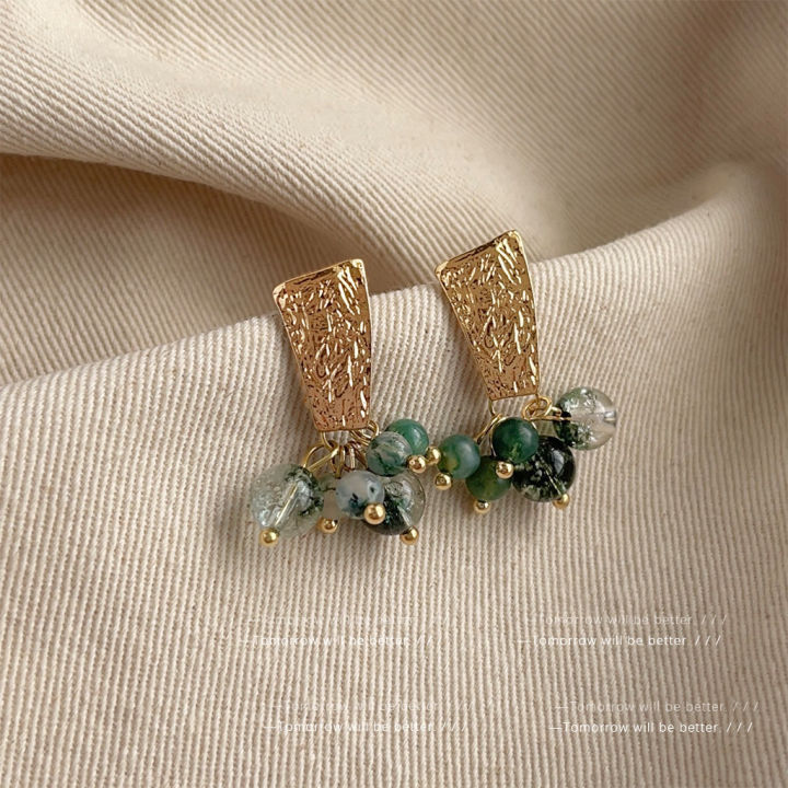 Handmade Design Sense Green Phantom Quartz Stone Earrings Female Niche Unique Style Retro Stud Earrings Stylish and Unique Earrings High Sense