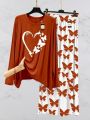 Peach Women Heart Printed Nightwear Set with Butterfly Printed Trousers – Women's Lounge Wear. 