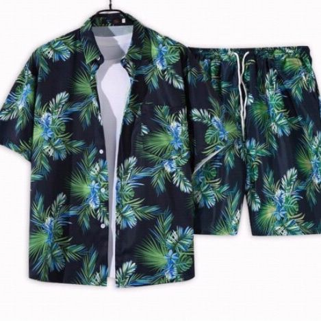 Fashion Male Short Sleeve Hawaiian Shirt linen Shirts + Short 2Pcs Linen Shirts + Shorts Assorted