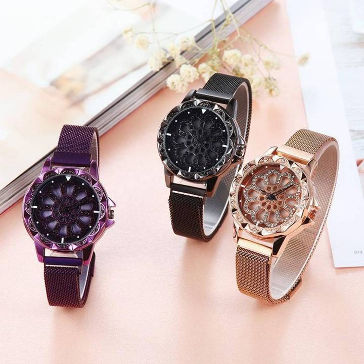 pack of 3 watch 360 degree rotation Women Mesh Magnet Buckle Starry Sky Watch Luxury Fashion Ladies Geometric Quartz Watch waterproof 2019 Model Magnetic Strip College/Office Girls