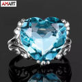 Women Inlaid Heart-Shaped Crystal Glass Ring Navy Blue Gem-Like Finger Jewelry. 