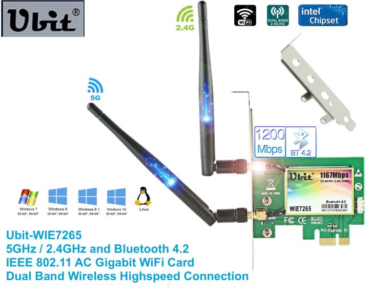 Ubit%20(WIE7265)%20WiFi%20Card%20AC%201200Mbps%20Dual%20Band%20Bluetooth%204.2%20Wireless%20WiFi%20PCIe%20Network%20Card%205GHz/2.4GHz%20and%202%C3%97Antenna%20for%20Desktop/PC%20Gaming%20-%20Image%202