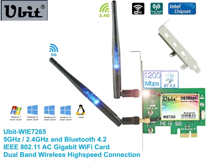 Ubit%20(WIE7265)%20WiFi%20Card%20AC%201200Mbps%20Dual%20Band%20Bluetooth%204.2%20Wireless%20WiFi%20PCIe%20Network%20Card%205GHz/2.4GHz%20and%202%C3%97Antenna%20for%20Desktop/PC%20Gaming%20-%20Image%202