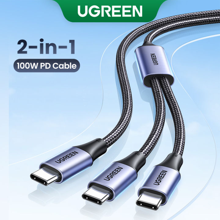 UGREEN 100W Double Type C 2-in-1 Fast Charging Cable  5A Space Gray Aluminum Shell Braided Data Cable E-Marker for iPhone 15 Series Samsung S24 S23 Ultra iPad Pro Macbook Switch