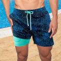 Swimming Shorts Soft Fabric Double-layer Elastic Waist Drawstring Men Swimwear. 