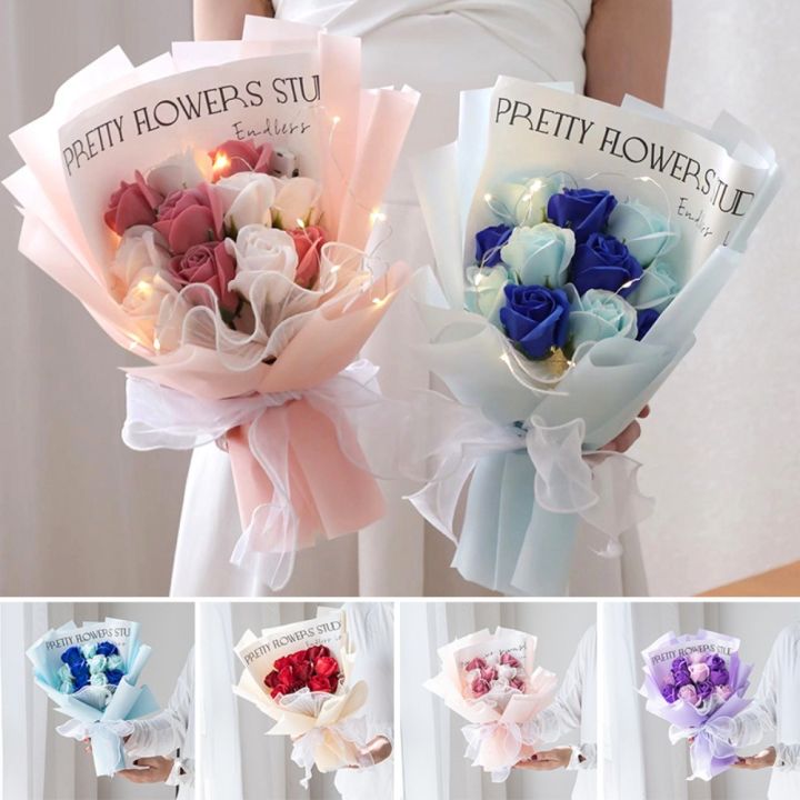 LED Lights Artificial Roses Elegant Girlfriend Blue Enchantress Flower Bouquet Organza Gift for Women Teacher's Day