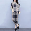 bellylady 2Pcs/set Lady Short Sleeve -shirt + Ninth Straight Bottom Pants Summer Plaid Casual Suit. 