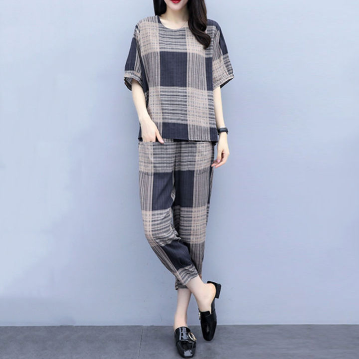 bellylady%202Pcs/set%20Lady%20Short%20Sleeve%20-shirt%20+%20Ninth%20Straight%20Bottom%20Pants%20Summer%20Plaid%20Casual%20Suit%20-%20Image%205