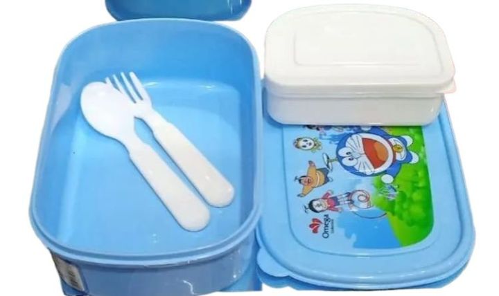 Lunch Box Best Quality For School Kids DOREMOON Cartoon Character Themed With 1Small Container,1Spoon, (BLue)