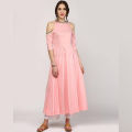 Pink Cotton Anarkali Off-Shoulder Kurta For Women. 