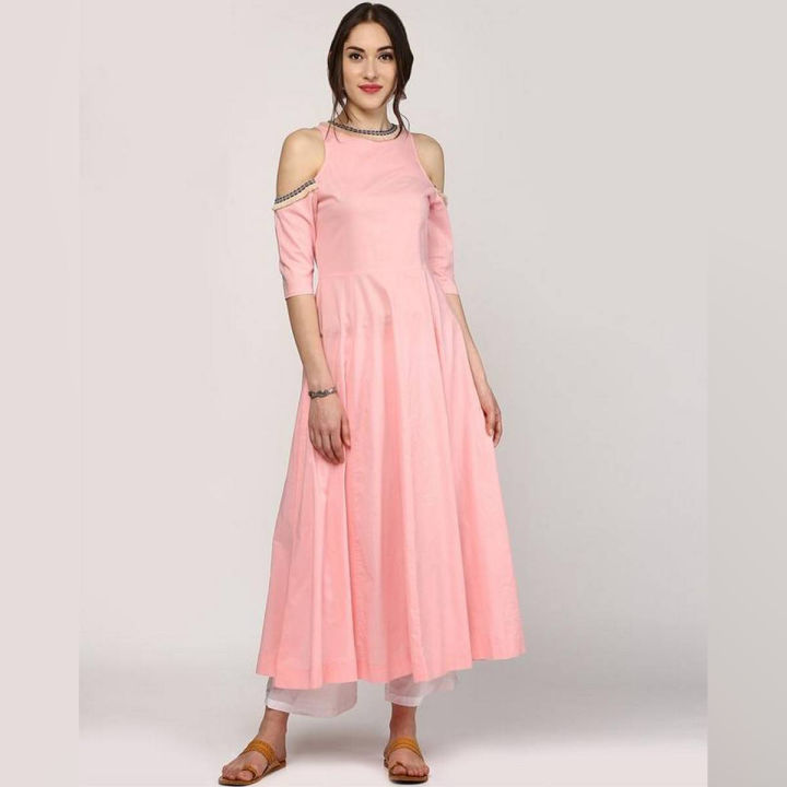 Pink Cotton Anarkali Off-Shoulder Kurta For Women