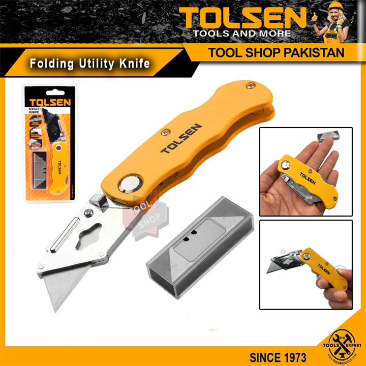 Tolsen Stainless Steel Folding Utility Knife / Tolsen Folding Cutter 61x19 mm Blade with 5 Extra Blades  Model 30007