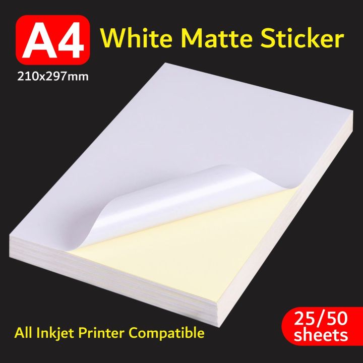 White Matt self-adhesive sticker A4 for inkjet printers (Available in pack of 10/25/50 sheets)