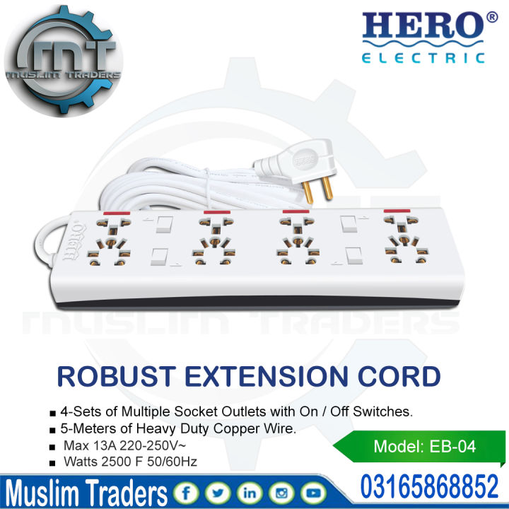 HERO Robust Universal Extension Board 4 Power Sockets with On / Off ...